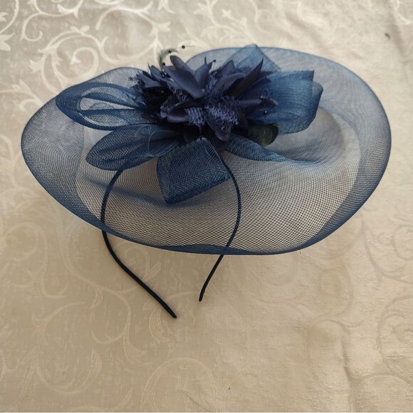Royal Ascot Inspired Navy Blue Fascinator Hat with Headband – Wedding, Derby - Picture 2 of 5